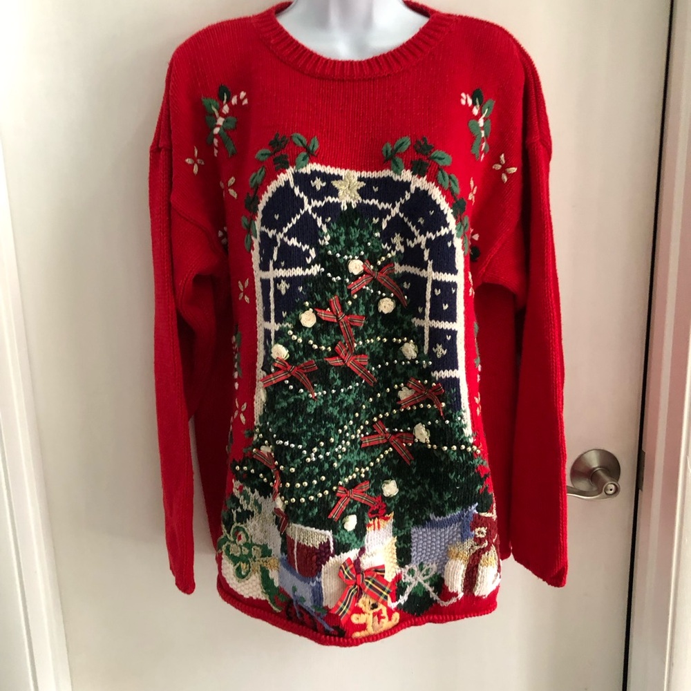VTG Metropolitan 10001 Red Ugly Christmas Pullover Sweater Rosettes & Ribbons L